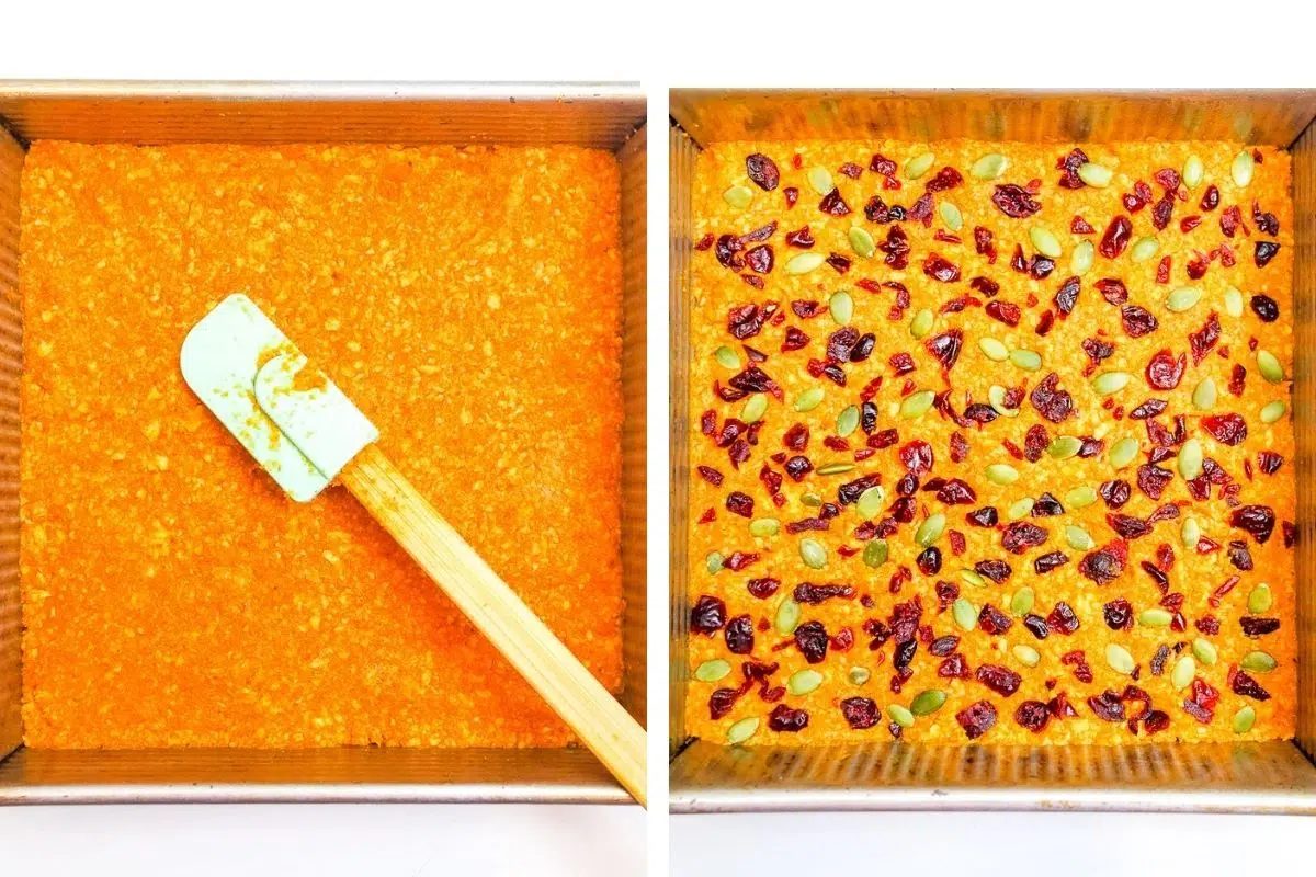 two photo collage for tvp pumpkin protein bars, before baking