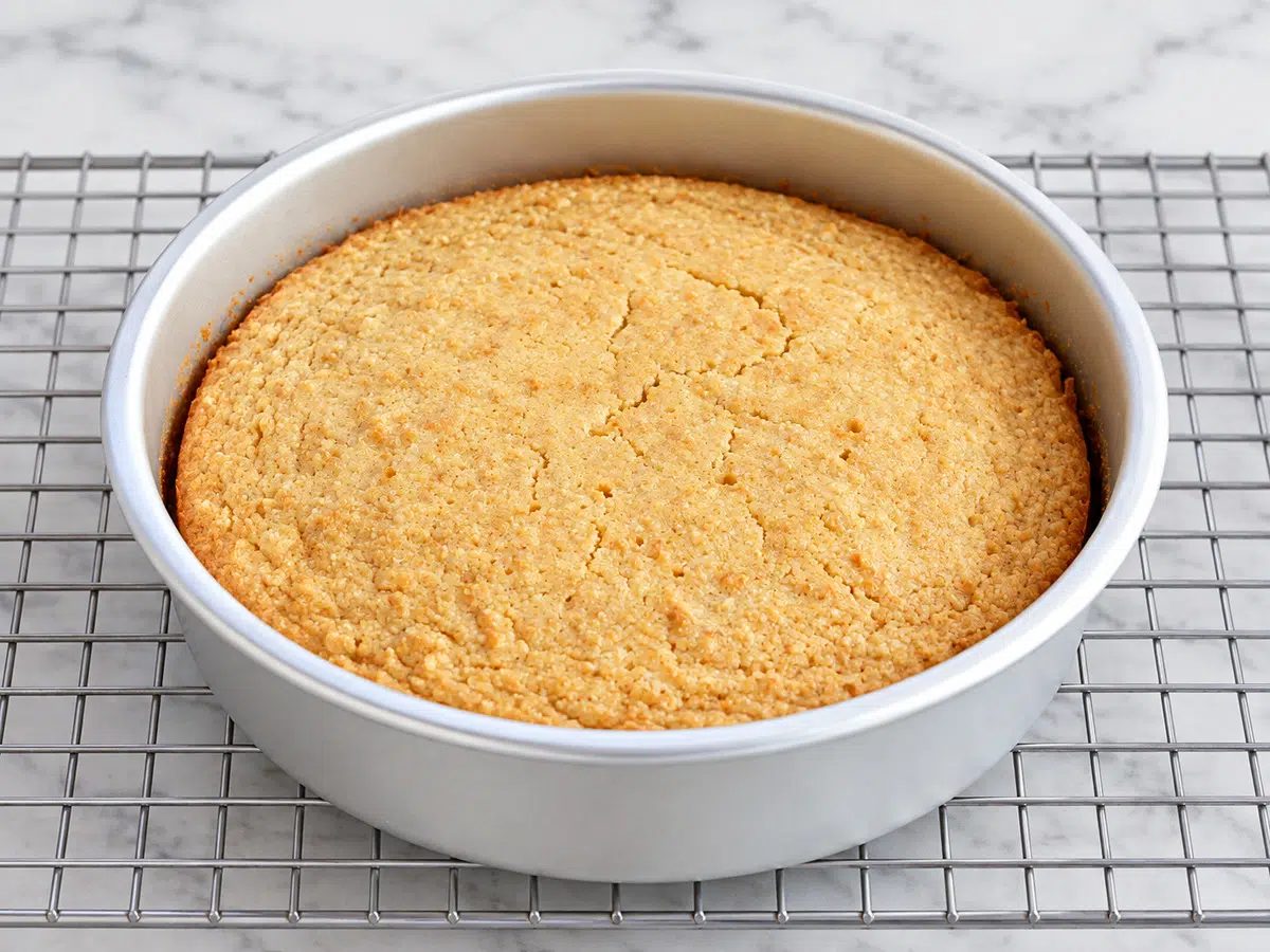 vegan almond flour cake, baked, on a rack