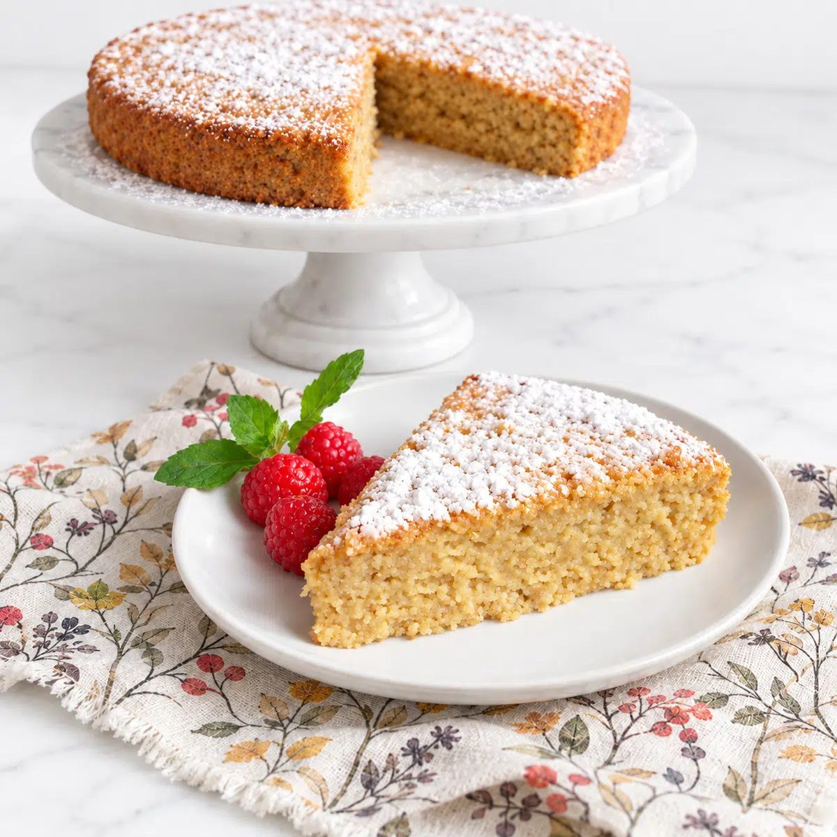 vegan almond flour cake slice with whole cake in background