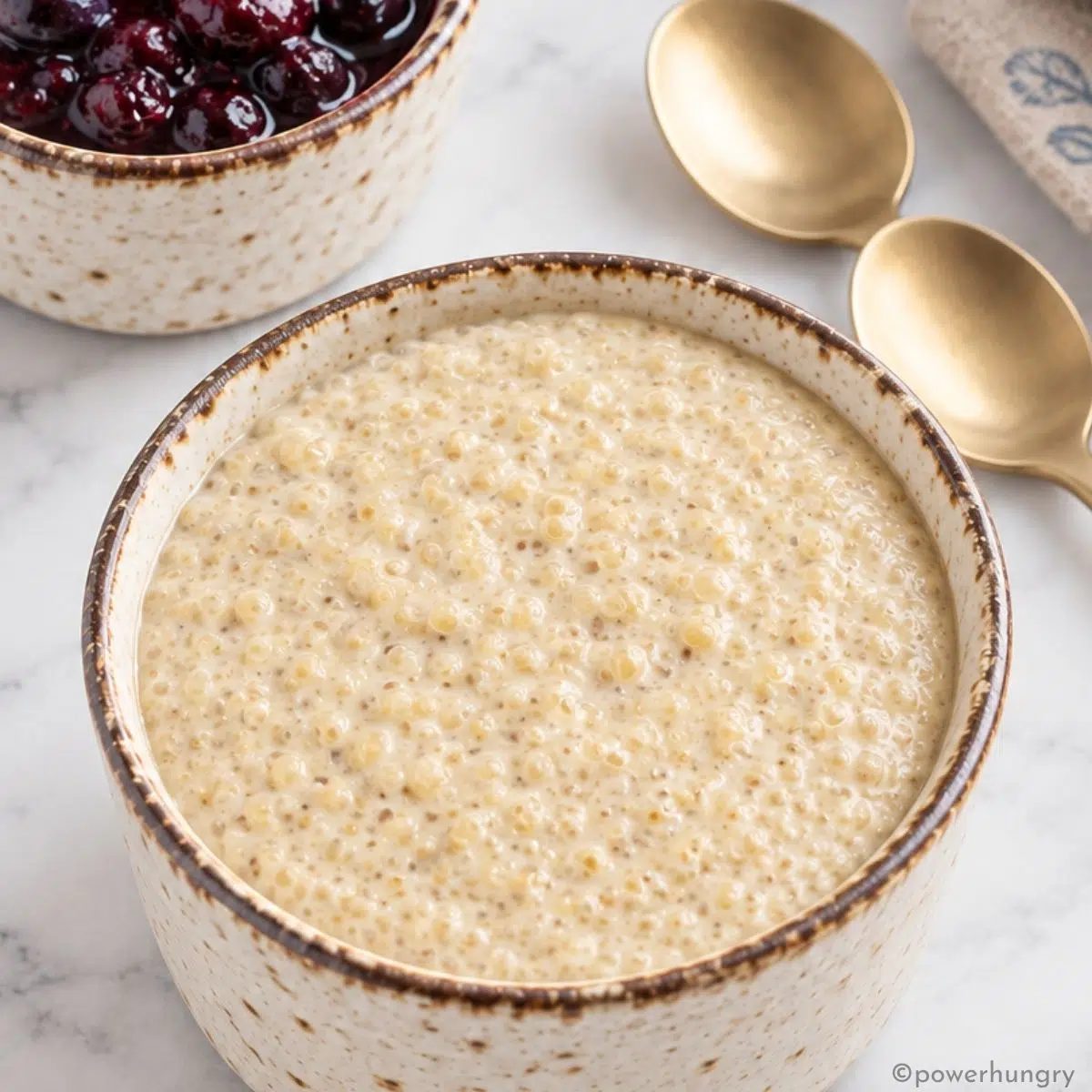 ramekin close-up of vanilla quinoa pudding, without toppings