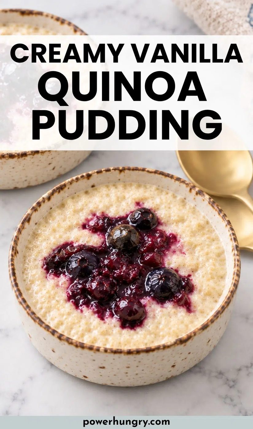 close-up of stoneware ramekin filled with vanilla quinoa pudding , topped with blueberry compote