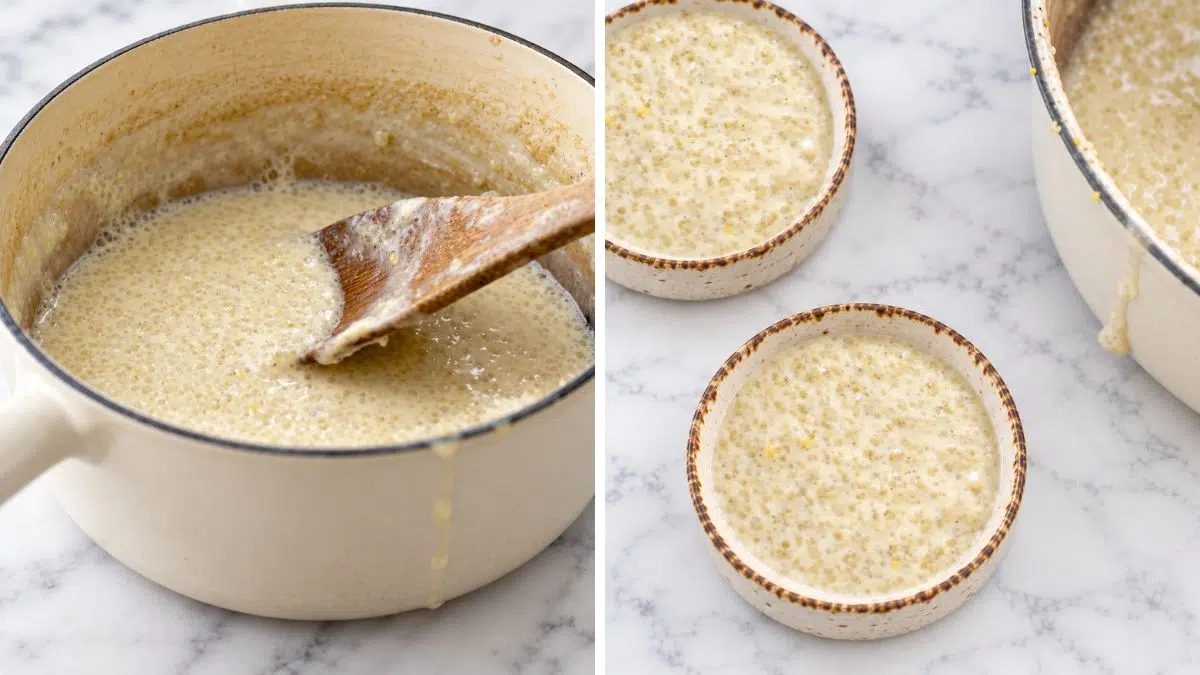two photo collage showing how to make quinoa pudding