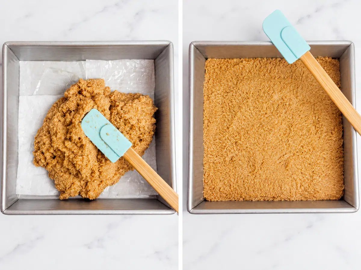 two almond flour applesauce bars dough spread into a prepared pan