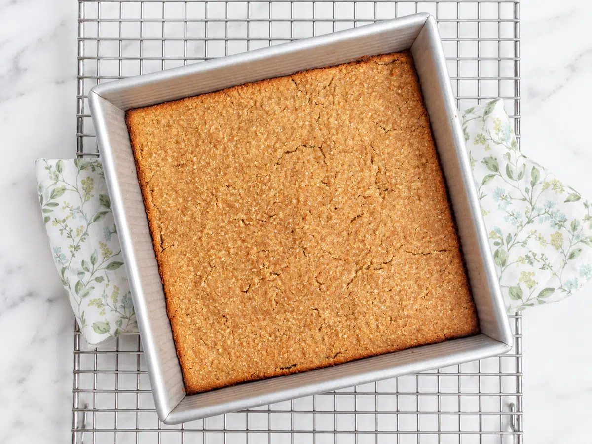 baked two almond flour applesauce bars in a pan on a cooling rack
