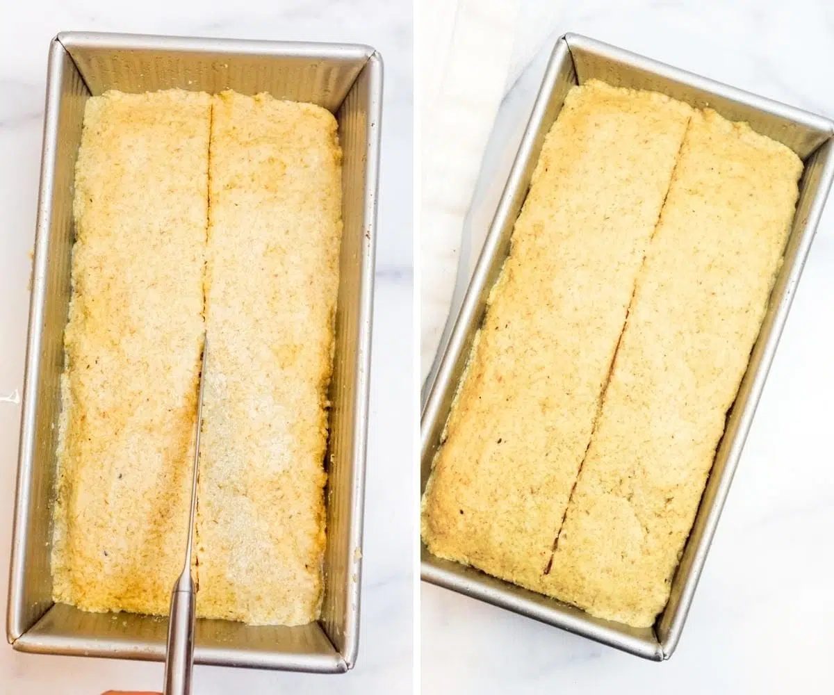 two photo collage showing bread dough in pan getting slashed across top