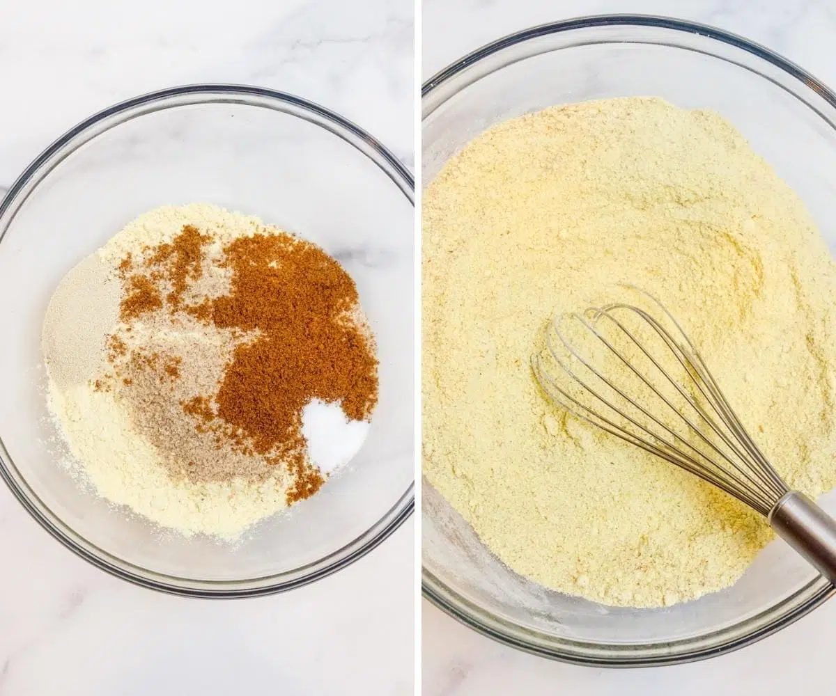 two photo collage showing the blending of dry ingredients for almond bread