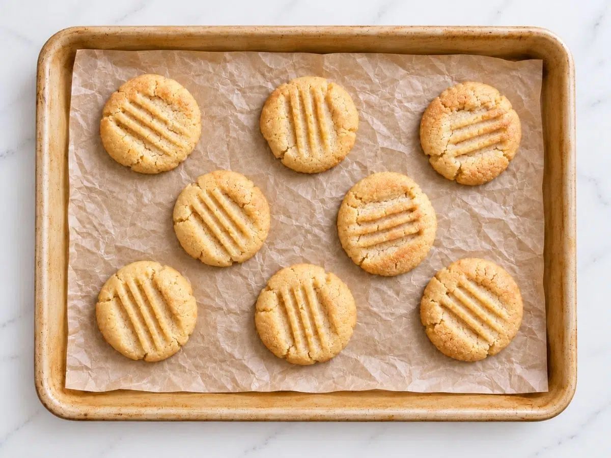 baked almond flour shortbread cookies on baking sheet
