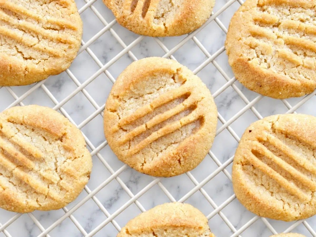 almond flour shortbread cookies cooling on white cooling rack