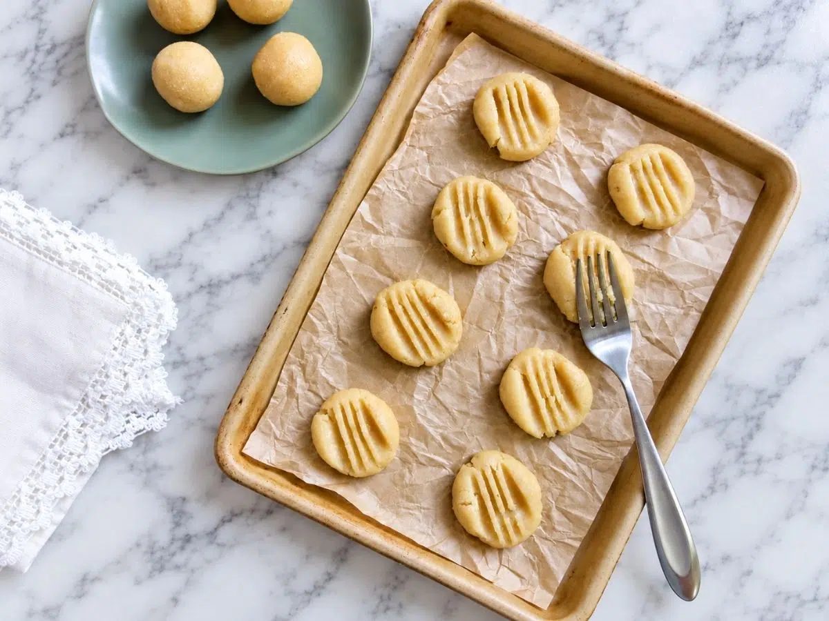 almond flour shortbread cookies dough balls getting flattened by fork