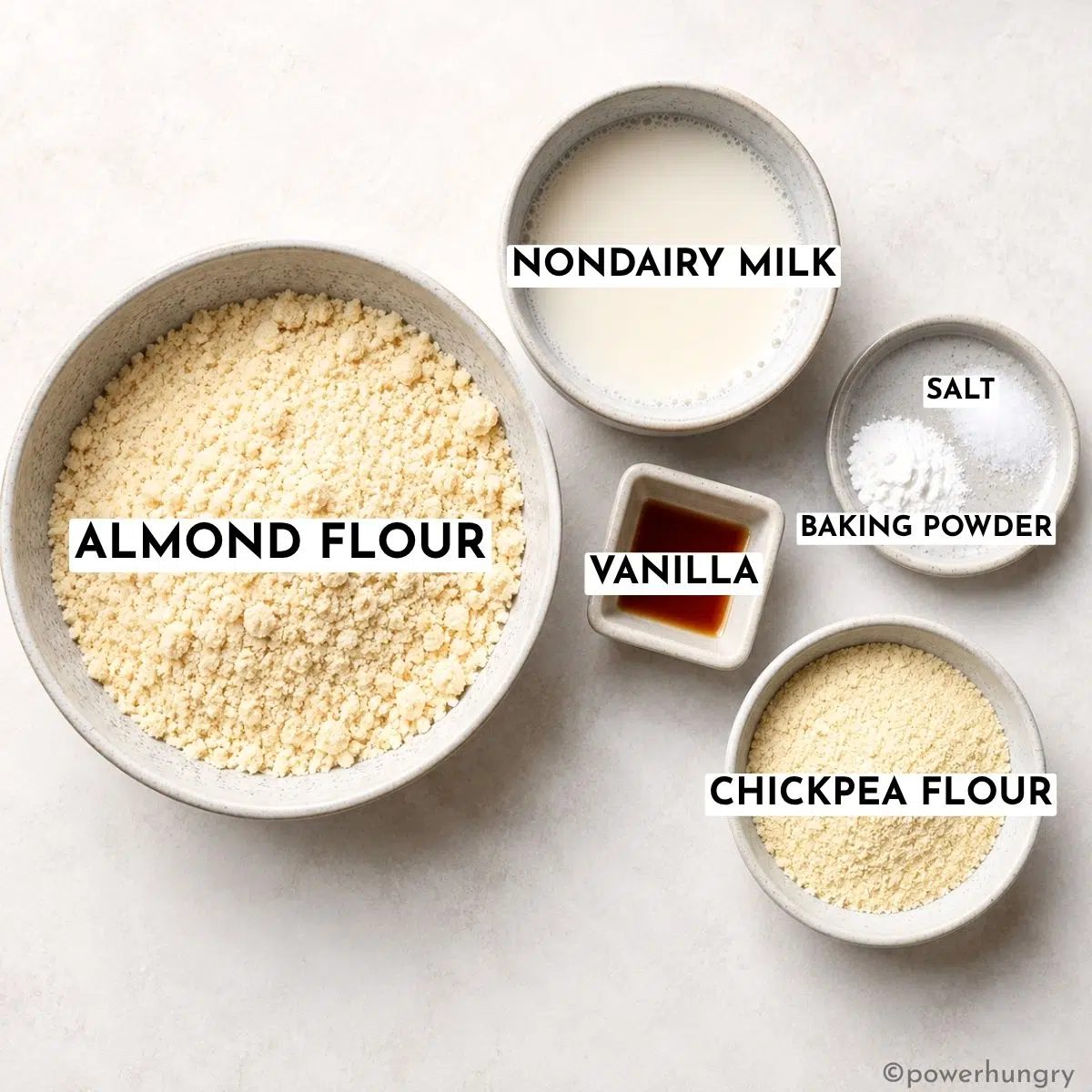vegan almond flour waffles ingredients in small dishes