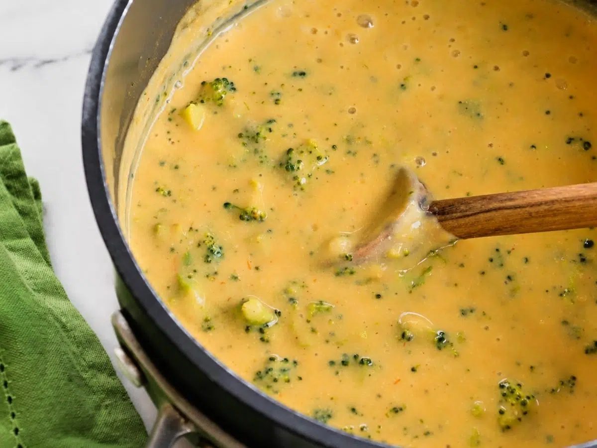 adding broccoli to chickpea flour soup base