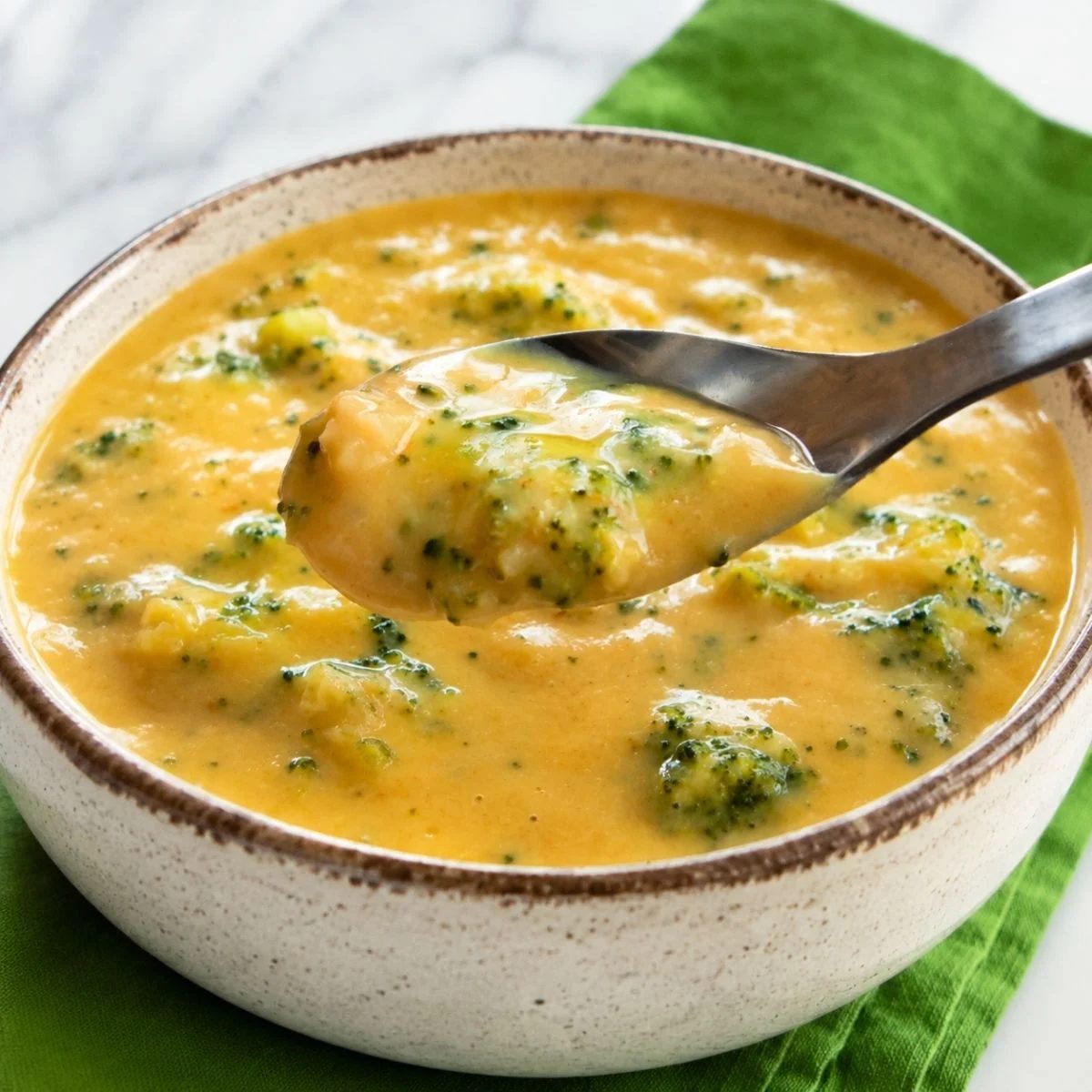 closeup of a spoonful of chickpea flour broccoli cheese soup in a bowl