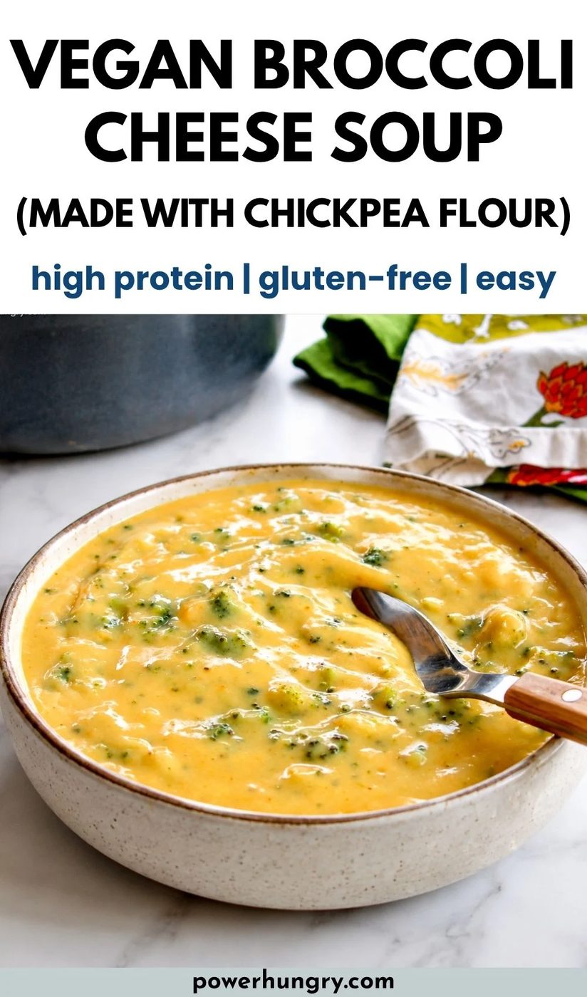 broccoli cheese soup made with chickpea flour in a ta bowl with a spoon