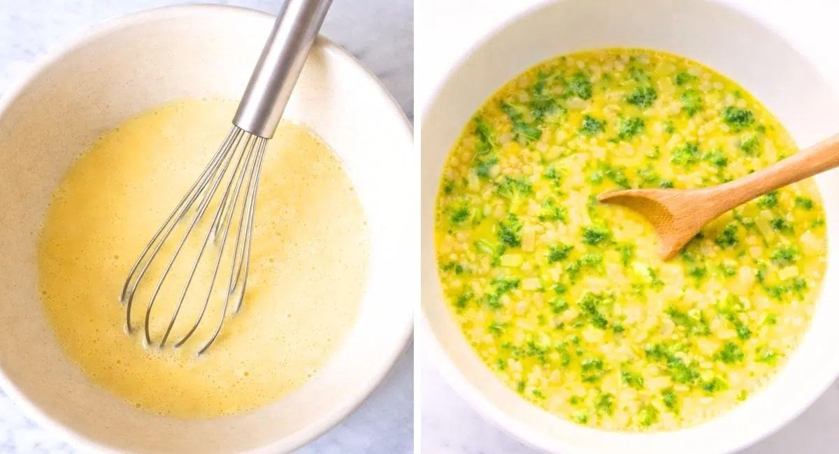 2 photo collage showing how to make broccoli casserole muffins
