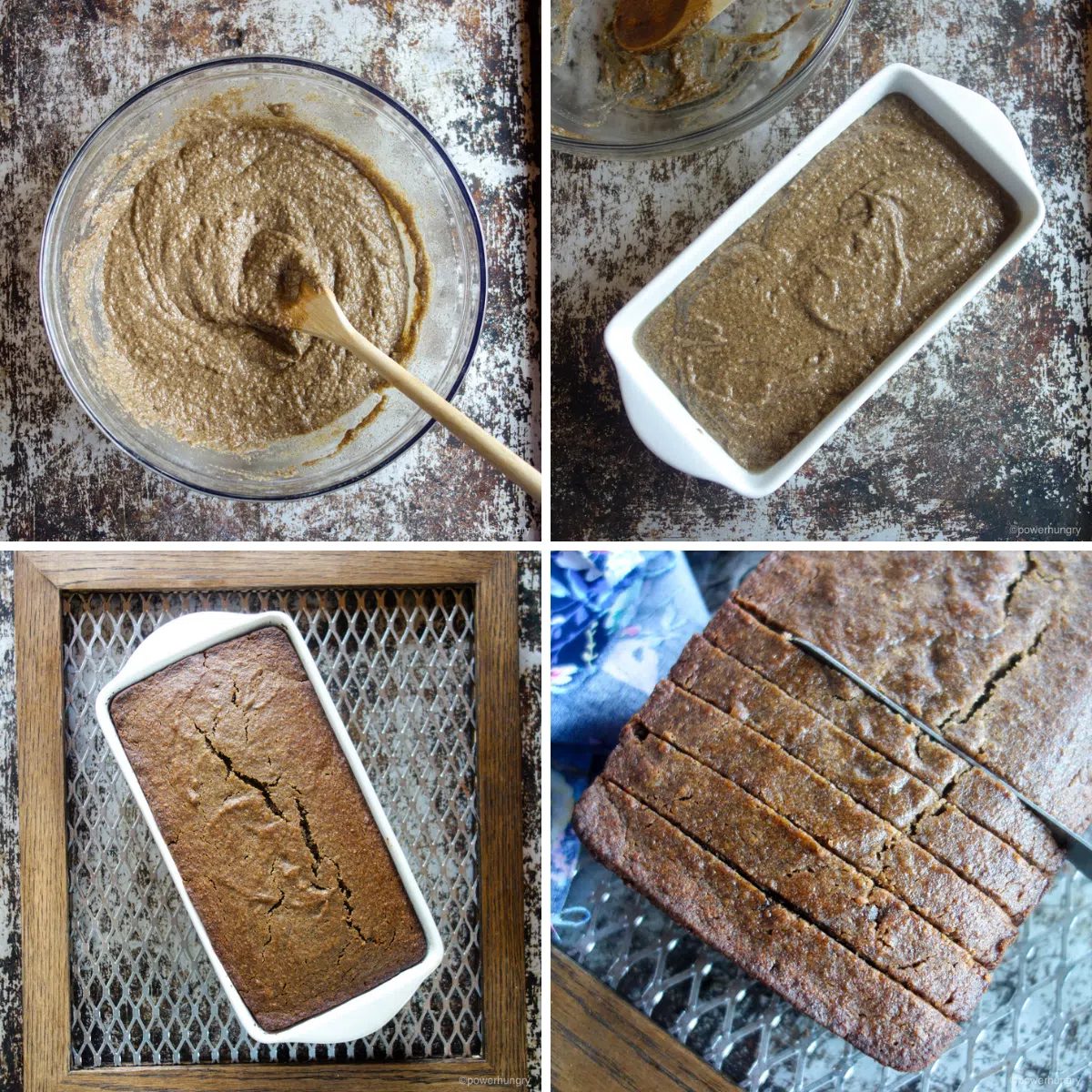 4 photo collage showing the steps to make vegan buckwheat flour banana bread