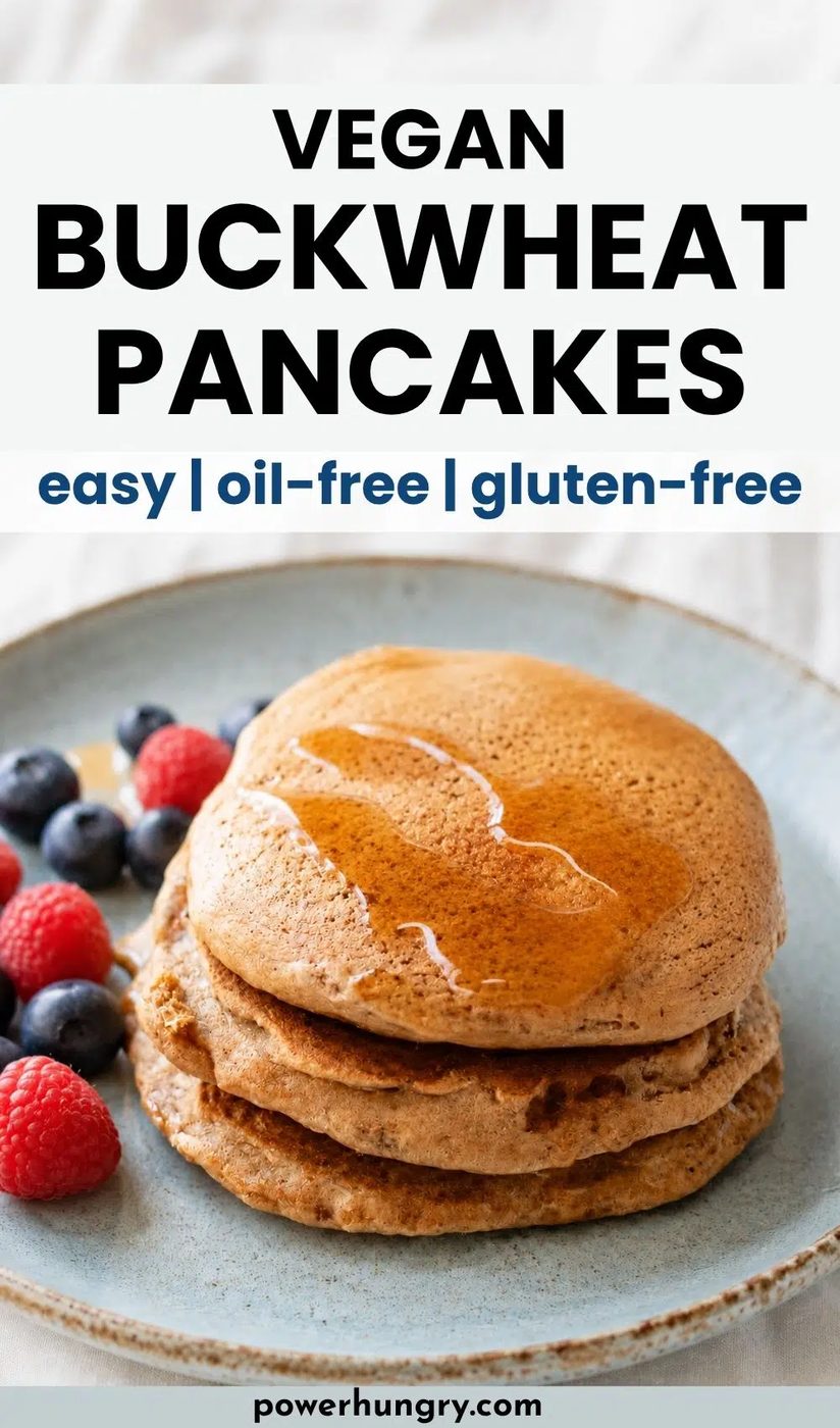 vegan buckwheat pancakes on blue plate