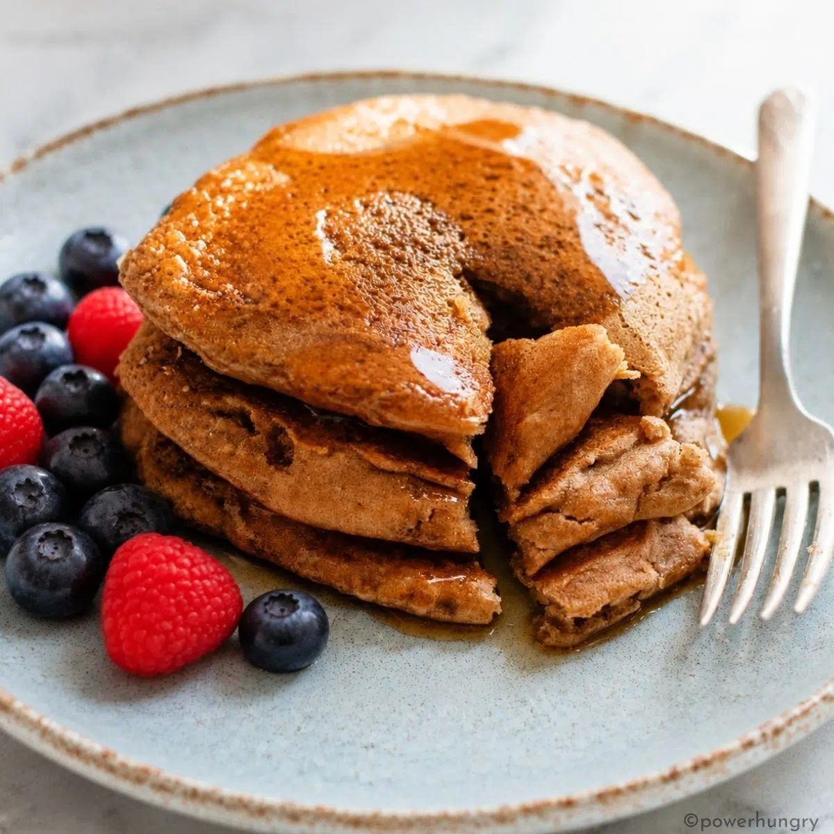 stack of vegan buckwheat pancake, cut into