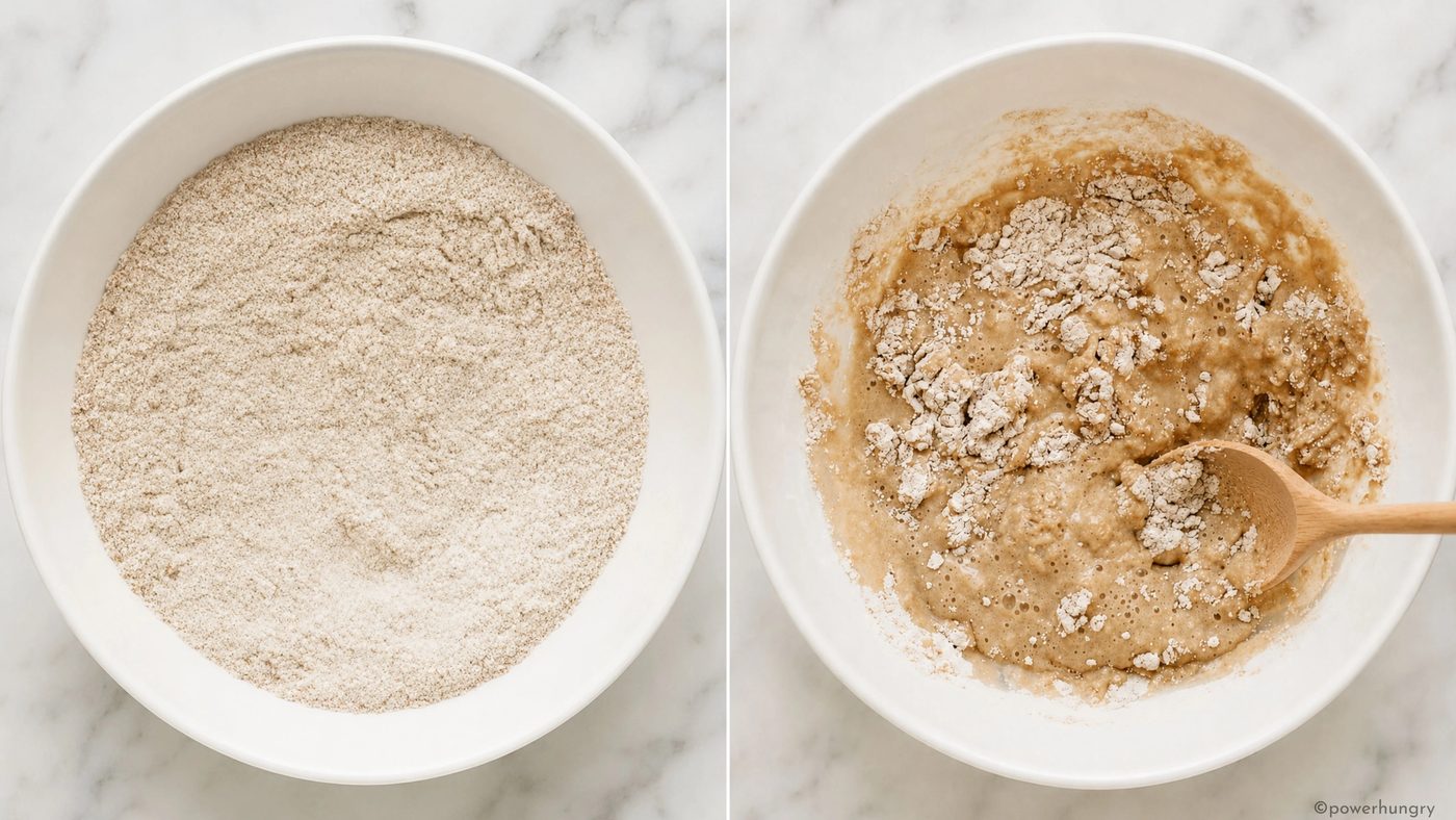 2 photo collage showing how to mix vegan buckwheat pancakes batter