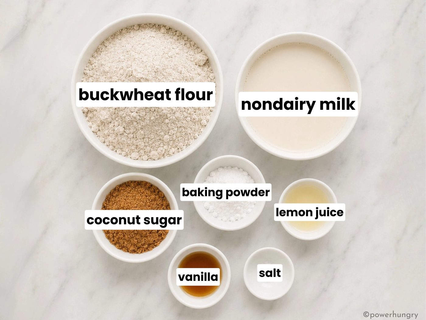 overhead shot of buckwheat flour pancakes ingredients