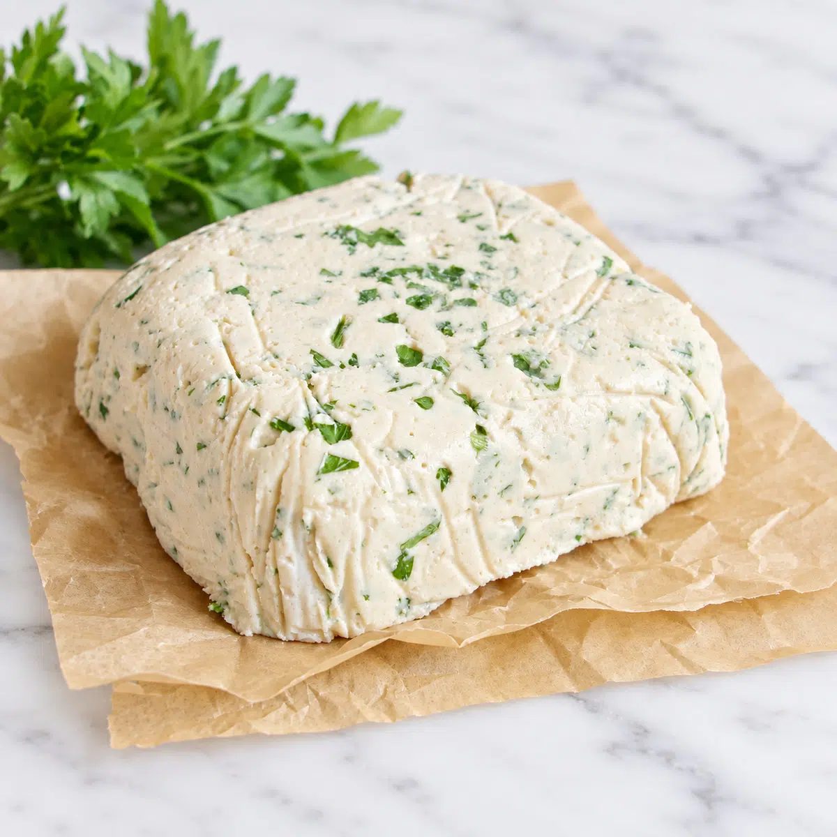 block of vegan Boursin on brown parchment paper