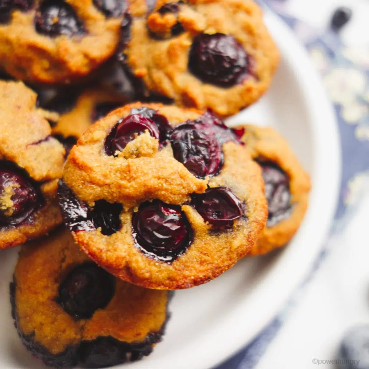 close-up of vegan cassava flour blueberry mini muffins on a whie plate