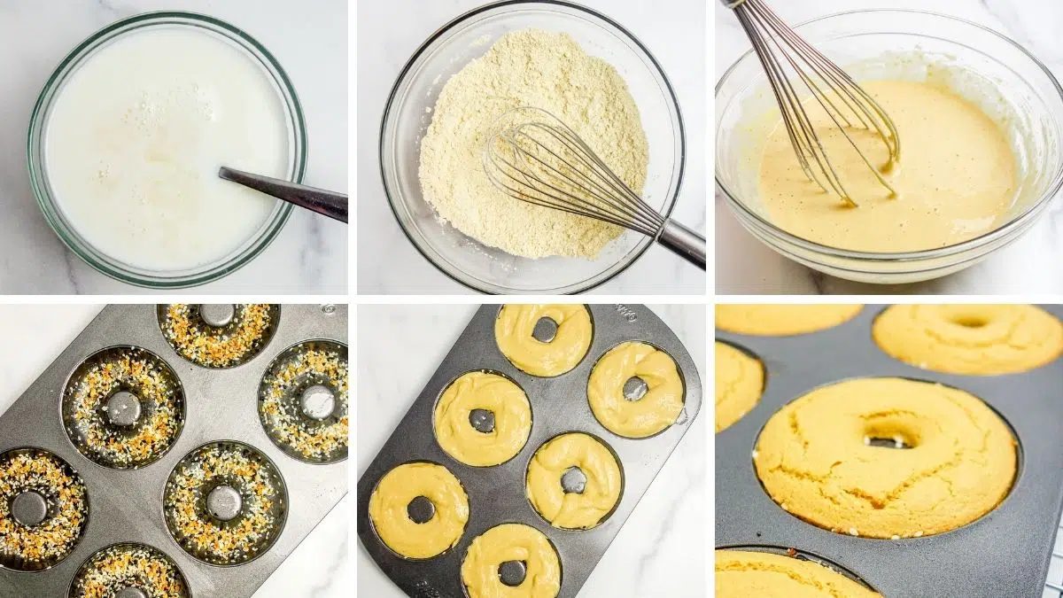 6 photo collage showing how to make the batter for chickpea flour bagels, then portion in a donut pan