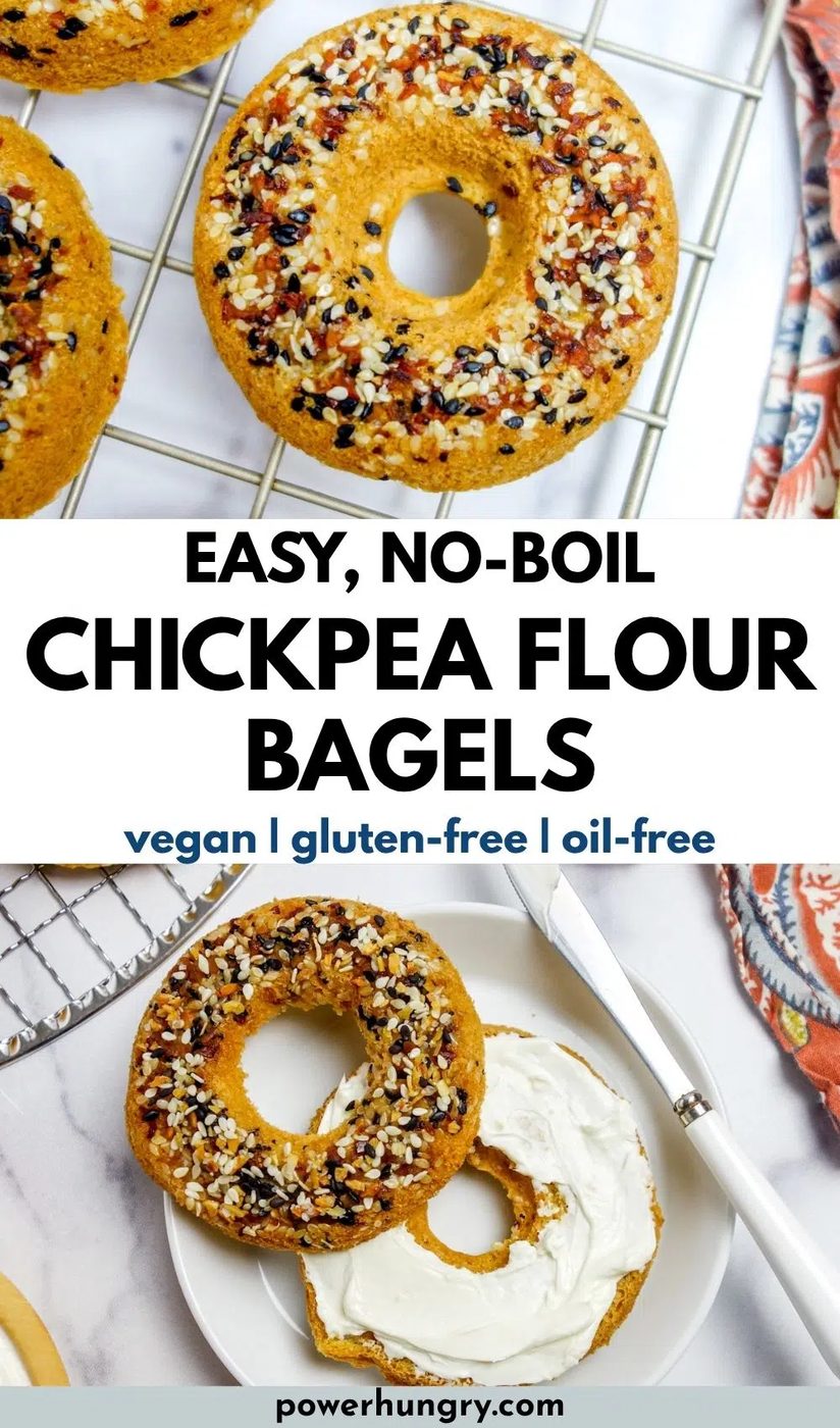 2 photo collage of chickpea bagels, sliced and on a cooling rack