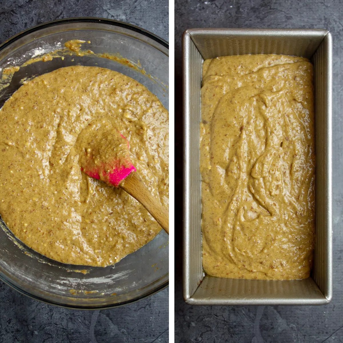 batter in a glass bowl and in a metal baking pan