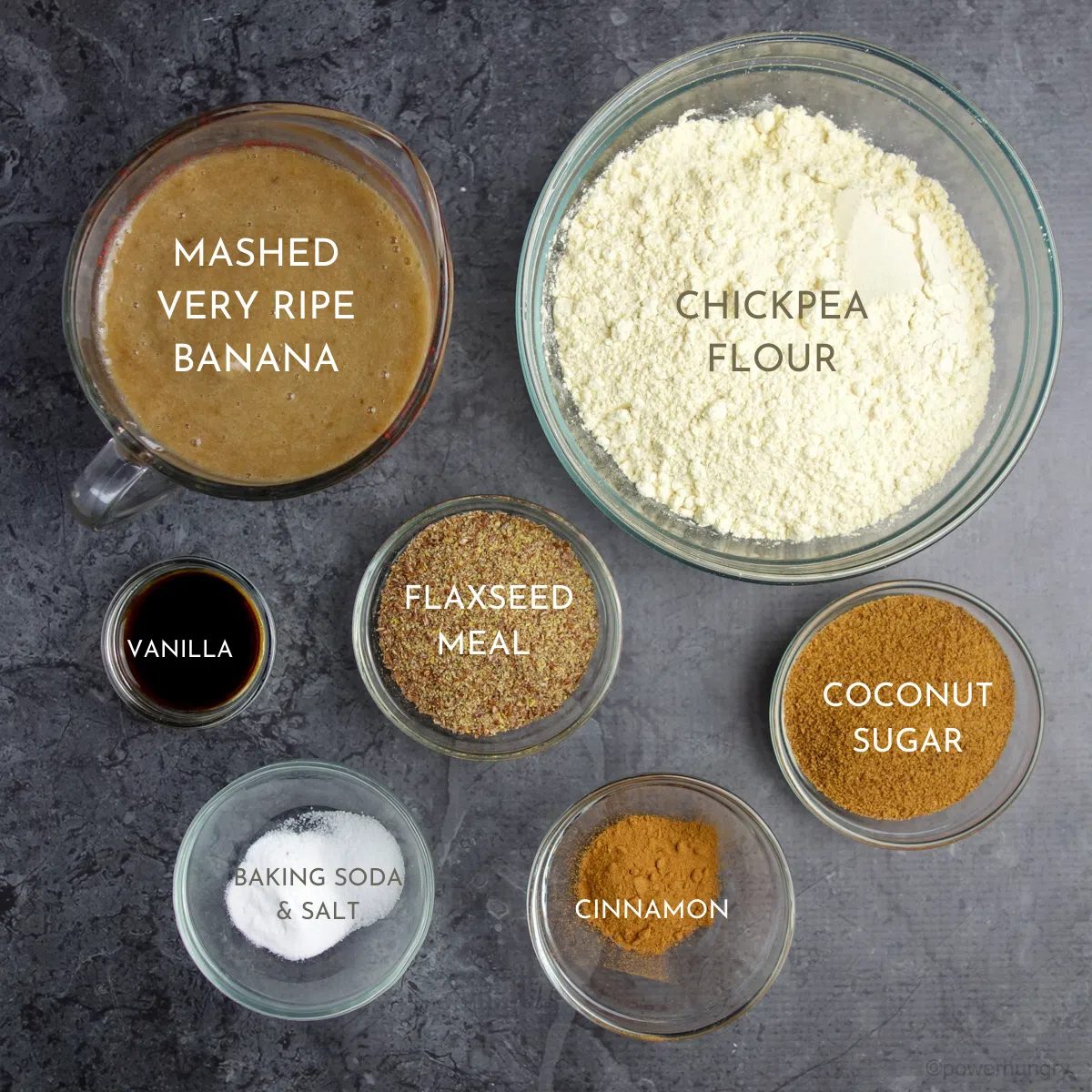 glass bowls filled with ingredients for a banana quick bread