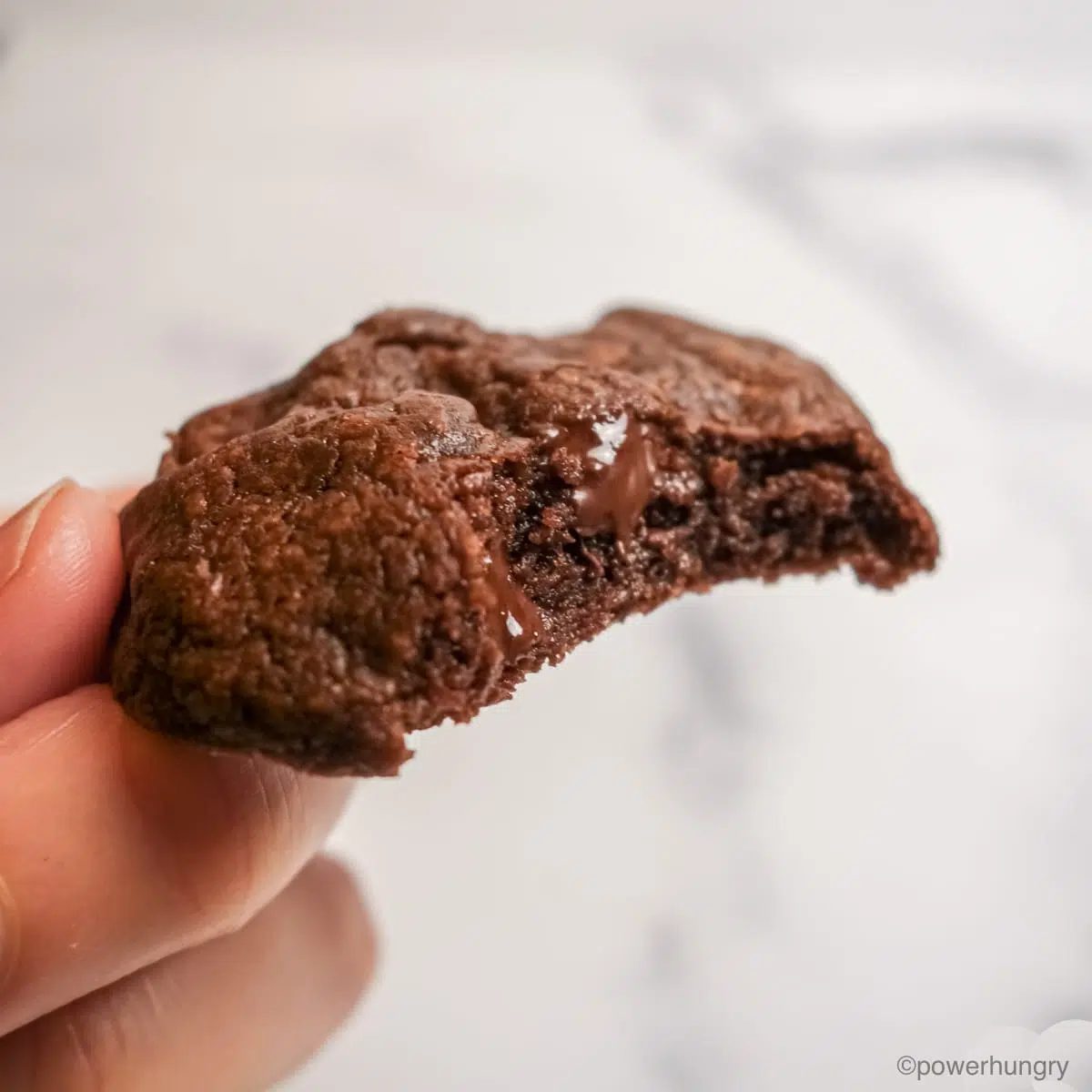 a single vegan chocolate avocado cookie, being held in someone's fingertips