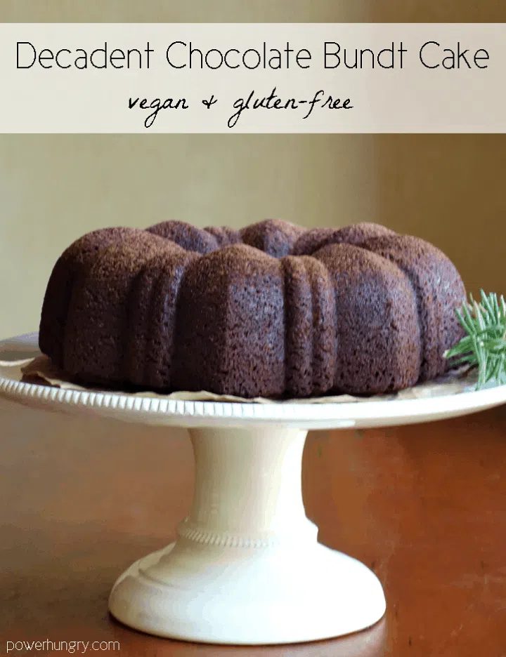 chocolate Bundt cake on a white cake stand