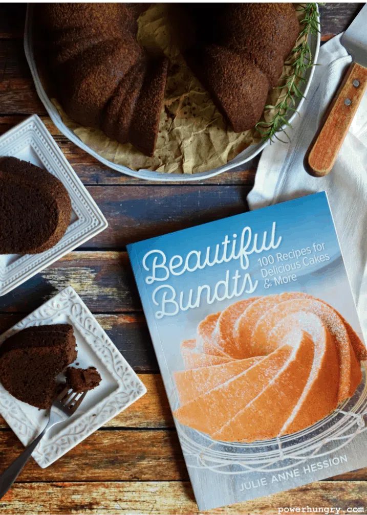 overhead shot of bundt cookbook and chocolate cake