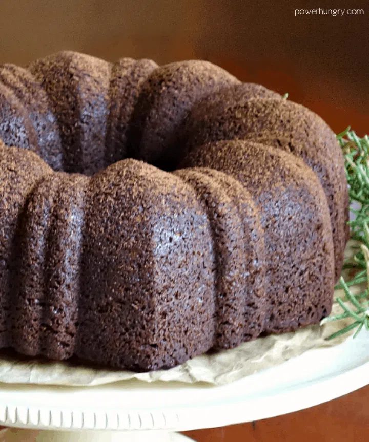vegan chocolate Bundt cake on a cake stand