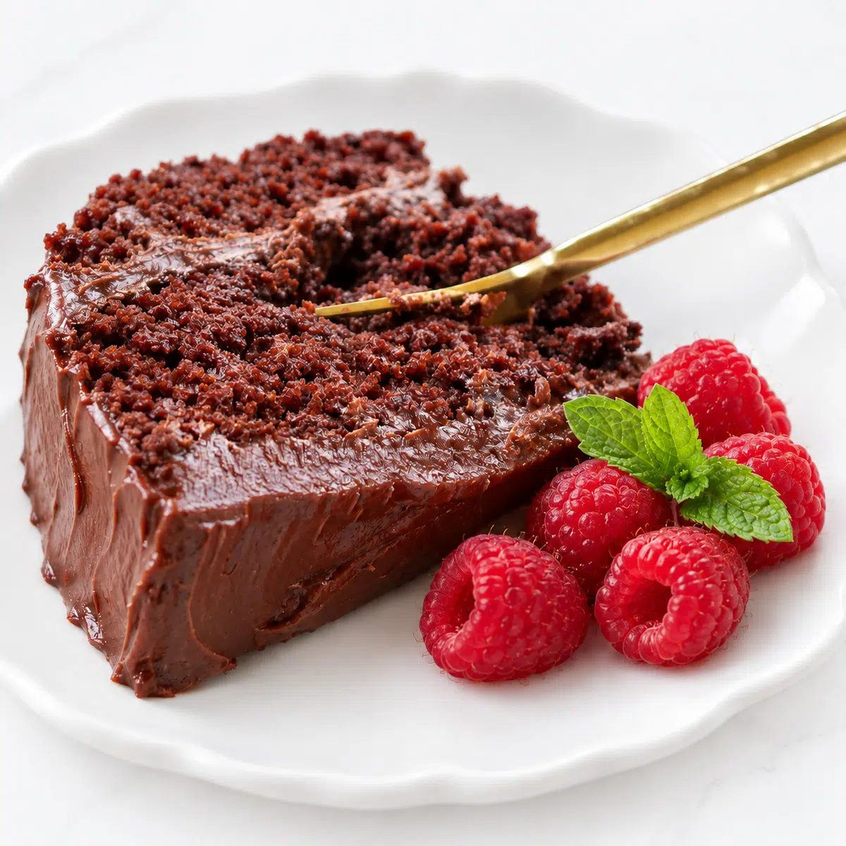 chickpea flour chocolate cake slice with raspberries