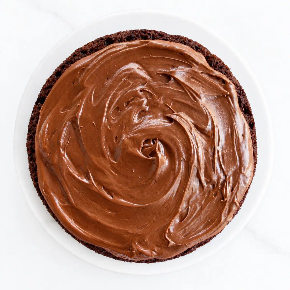 overhead image of chickpea flour chocolate cake, frosted