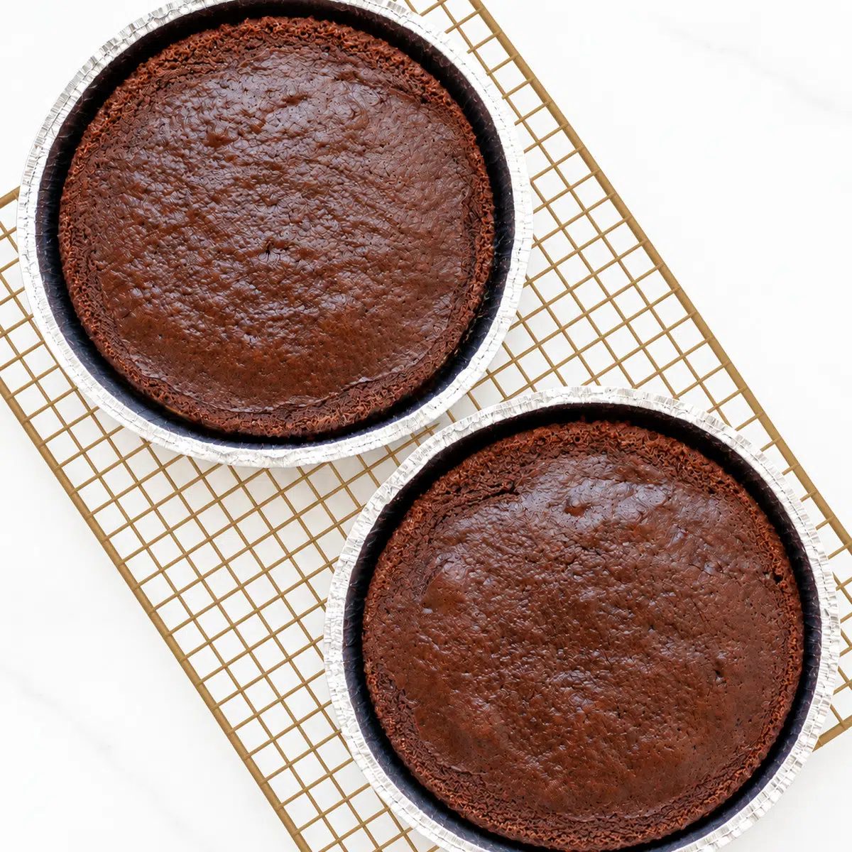 overhead shot of baked chickpea flour chocolate cakes