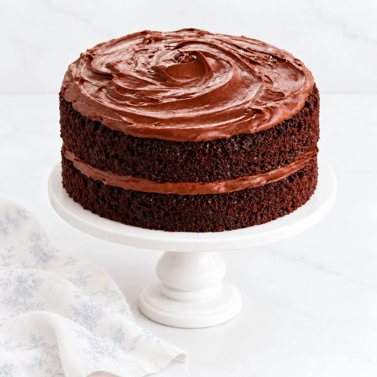 chickpea flour chocolate cake, whole cake on cake stand