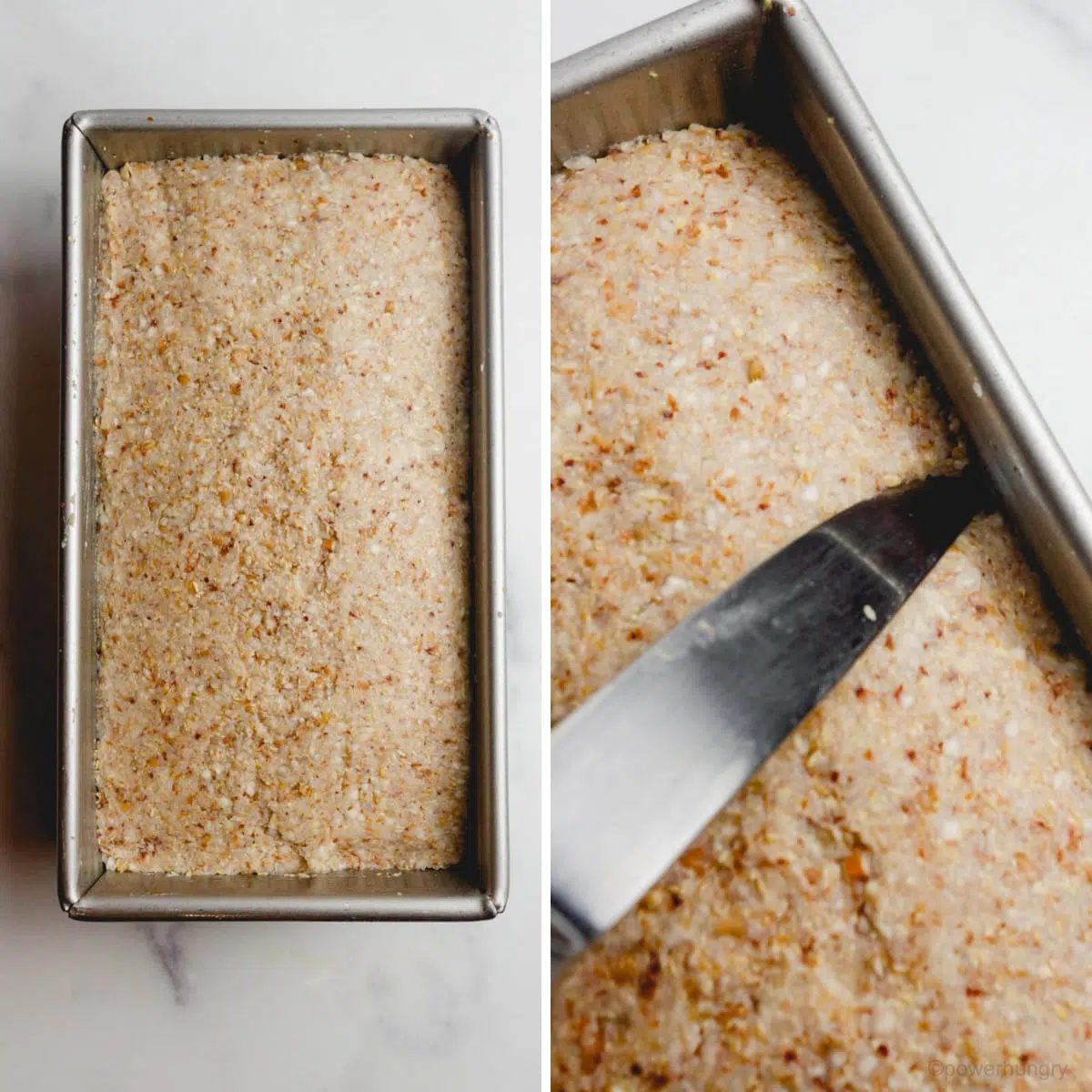 cinnamon buckwheat bread that has been scraped into a metal loaf pan