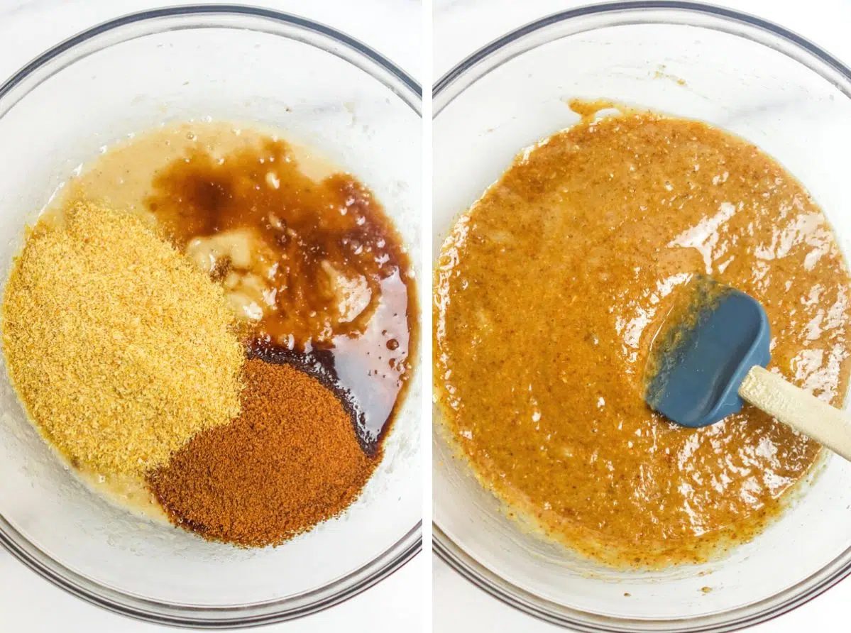 wet ingredients for vegan coconut flour banana bread in clear bowl
