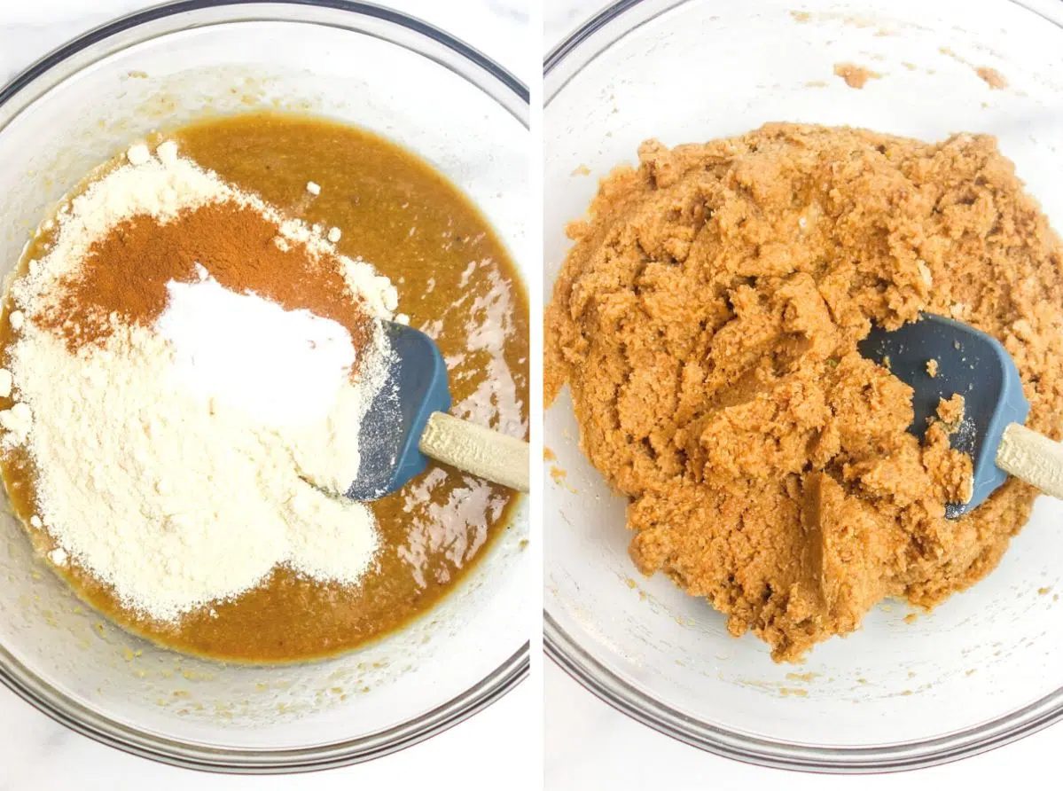 vegan coconut flour banana bread dry ingredients being added in a glass bowl