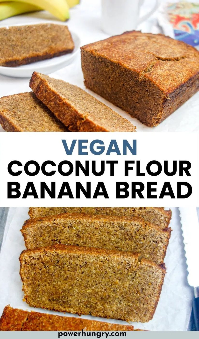 2 photo collage of vegan coconut flour banana bread