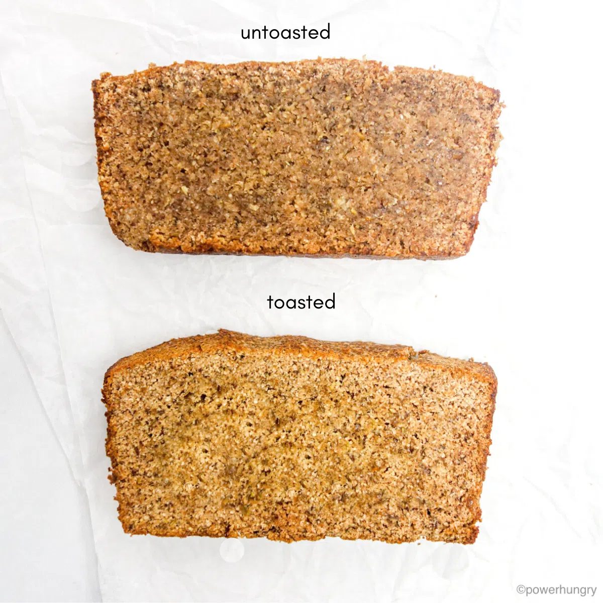 two slices of banana bread, one plain, and one toasted