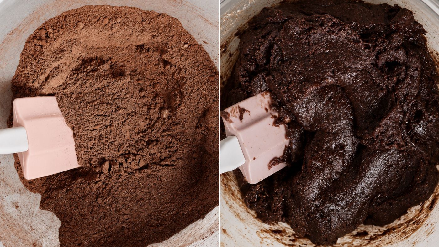 two photo collage showing how to mix the batter for vegan coconut flour brownies
