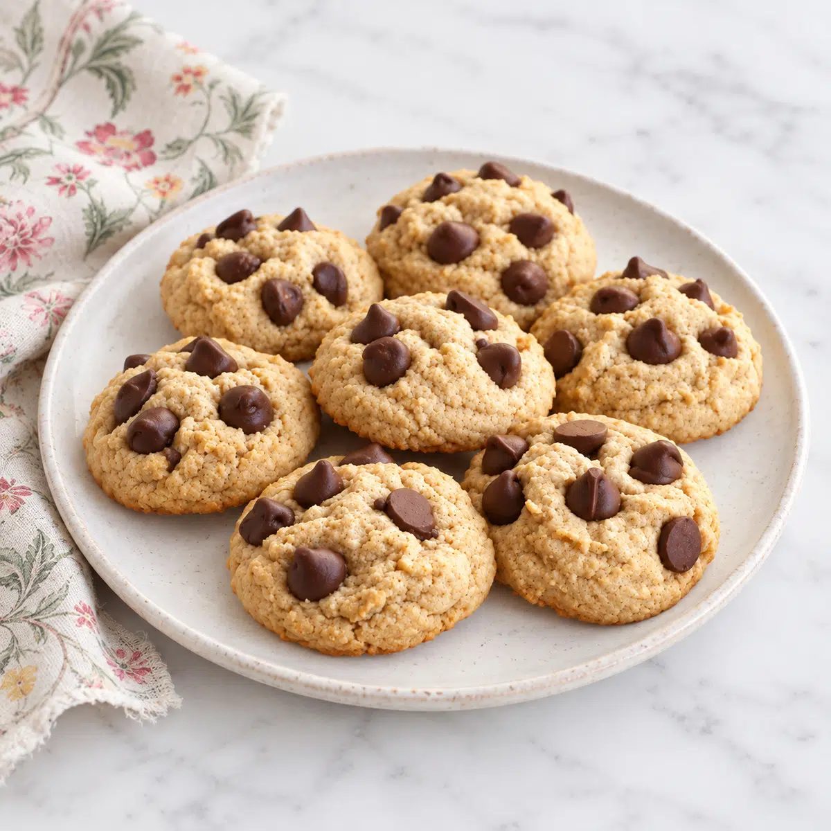 coconut chickpea flour chocolate chip cookies on stoneware plate