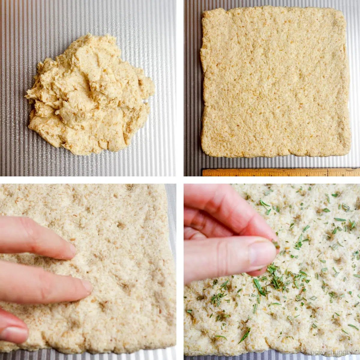 4 photo collage of how to press out coconut flour focaccia dough, dimple it, and sprinkle with optional toppings