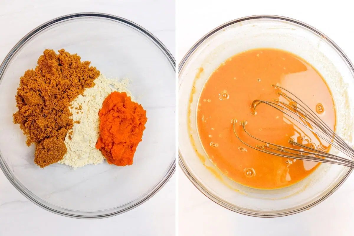 two photo collage showing the wet ingredients for pumpkin muffins getting mixed