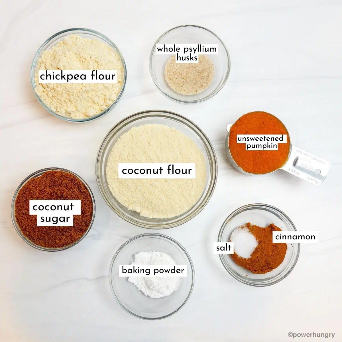 ingredients for coconut flour muffins in small glass bowls