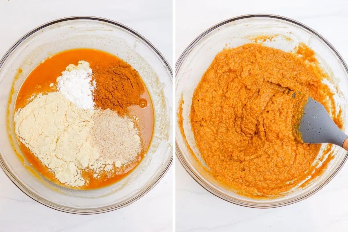 two phptp collage shoing the batter for coconut flour pumpkin muffins