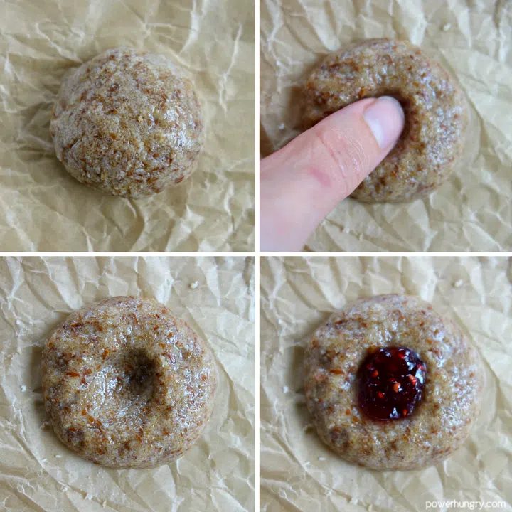 4 photo collage of how to make thumbprint cookies with coconut flour cookie dough