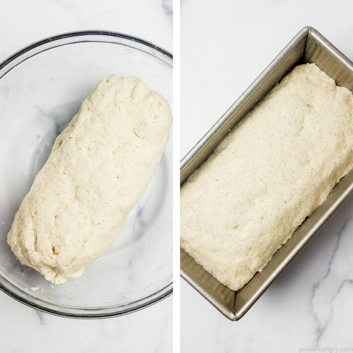 coconut flour bread dough in a glad=ss bowl and in a loaf pan